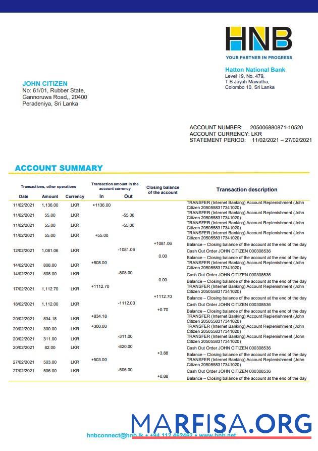 Blank Sri Lanka Hatton National bank statement word template
